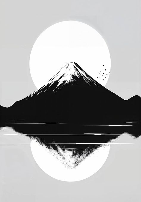 Minimalist black and white poster featuring Mount Fuji with a full moon and its reflection in a lake. Japan Art Aesthetic, Iphone Minimalist Wallpaper, Penthouse Ideas, Black Things, White Wallpapers, Mountain Poster, Japanese Minimalist, Zen Painting, Minimalist Black And White