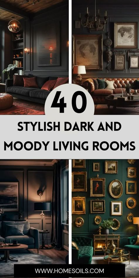 Explore 40 stylish dark and moody living room designs that bring drama and sophistication to your space! Visit our site for creative ideas and tips to embrace bold colors and textures in your home decor! Dark Moody Media Room, Dark Green Living Room With Fireplace, Dark Fireplace Wall Paint, Living Room Designs Dark Walls, Dark Colonial Living Room, Small Dark Sitting Room Ideas, Living Rooms With Wood Trim, Dark Room With Curtains, Moody Living Room Vaulted Ceiling