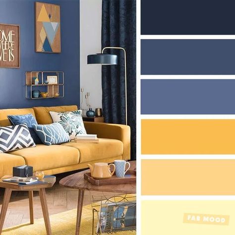 The best living room color schemes - Blue and Mustard Color Palette - Fabmood | Wedding Colors, Wedding Themes, Wedding color palettes Good Living Room Colors, Color Palette Living Room, Mid Century Modern Colors, Modern Color Schemes, Color Palette Yellow, Living Room Color Schemes, House Color Schemes, Room Color Schemes, Blue Color Schemes