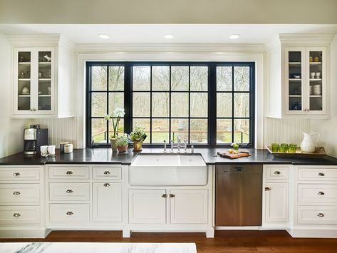 Kitchen Window Design, Modern Kitchen Sinks, Kitchen Sink Design, Farmhouse Kitchen Design, Kitchen Farmhouse, Farmhouse Style Kitchen, Modern Farmhouse Kitchens, Counter Tops, Large Kitchen