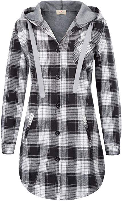 Women Classic Plaid Cotton Hoodie Button-up Flannel Shirts S Black at Amazon Women’s Clothing store: Womens Flannel Jacket, Pola Jaket, Women Flannel, Hoodie Weather, Etsy Promotion, Plaid Hoodie, Etsy Marketing, Flannel Shirts, Flannel Women