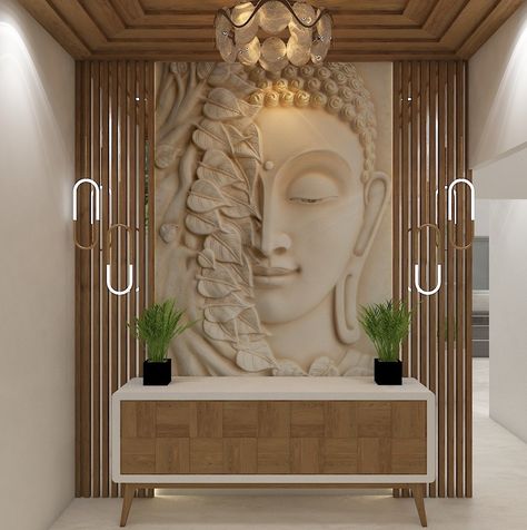 Tv Unit With Buddha Statue, Office Entrance Design Entryway, Buddha Interior Design, Buddha Decor Entryway, Flat Entrance Lobby Design, Foyer Design Modern Entrance, Entrance Lobby Design, Foyer Wall, Modern Tv Room