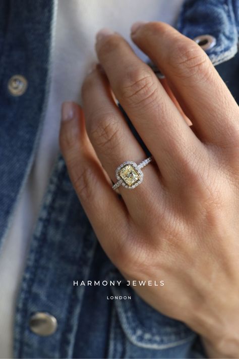 The sun is up forever with this 1.20ct radiant cut fancy yellow diamond in a halo with diamond shoulders 🌞💍 Yellow Engagement Ring, Fancy Yellow Engagement Ring, Radiant Diamond Ring, Radiant Diamond Rings, Fancy Yellow Diamond, Feminine Fashion, Radiant Diamond, Radiant Cut, Dream Jewelry