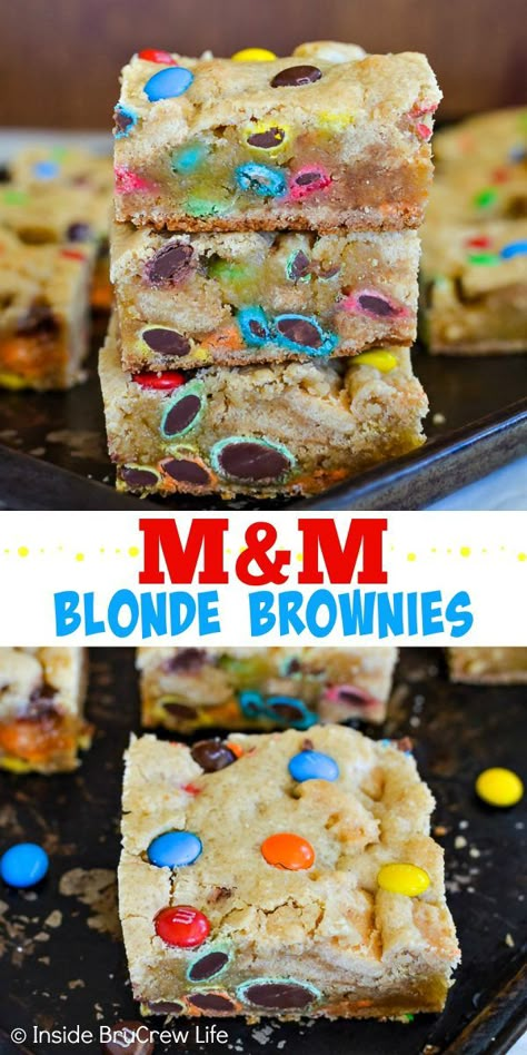 Blonde Brownie Recipe, Bake Sale Treats, Blonde Brownies, Bake Sale Recipes, M And M, Chewy Candy, Cookie Bar, Bar Cookies, School Snacks