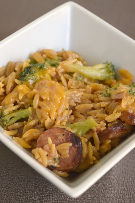 One Pan Creamy Orzo & Smoked Sausage Orzo And Kielbasa, Kielbasa Orzo Recipes, Cream Broccoli, Smoked Sausage Recipe, Creamy Orzo, Smoked Sausage Recipes, Easy Delicious Dinners, Tyson Foods, Kielbasa Recipes