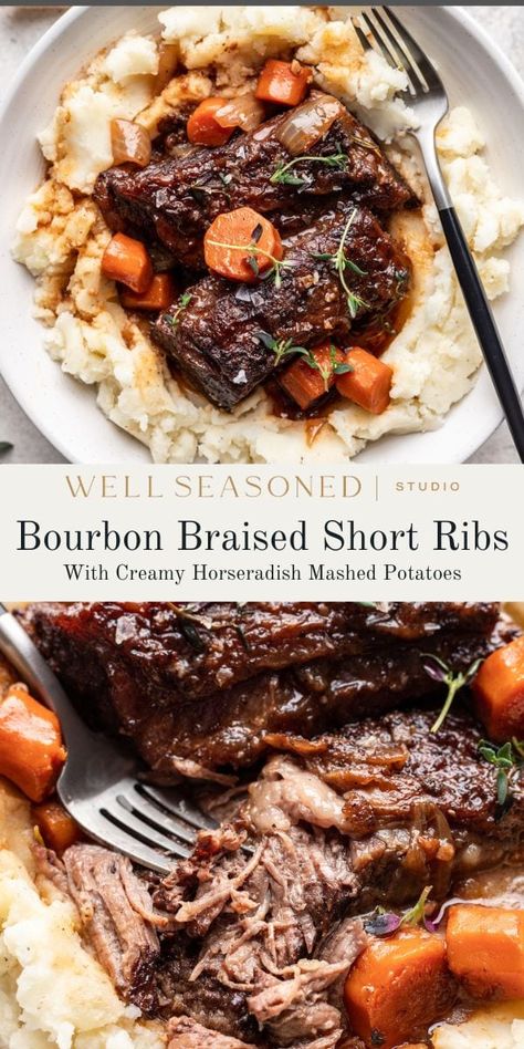 Braised Short Ribs with Bourbon is a rich, cozy meal perfect for fall or winter. Bone-in beef short ribs are braised in bourbon, red wine, and beef broth, resulting in an impossibly tender texture that has a lightly sweet smoky flavor from the bourbon. Best enjoyed over horseradish mashed potatoes. Gluten-free #wellseasonedstudio #braisedshortribs #beefshortribs #bourbonbraised Bourbon Braised Beef, Bourbon Braised Beef Short Ribs, Coffee And Bourbon Braised Short Ribs, Bourbon Short Ribs Recipe, Braised Beef Ribs, Short Ribs And Mashed Potatoes, Bourbon Braised Short Ribs, Short Ribs Recipe Stove Top, Braised Boneless Short Ribs