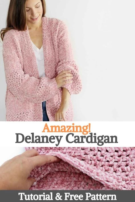 Crochet this luxurious velvet cardigan with Bernat Velvet (or whatever voluminous yarn you prefer). The Delaney Crochet Cardigan is airy and super soft. Covers wonderfully and is the perfect sweater for any time of year. This pattern is well suited for beginners (it's so easy!) And the cardigan works quickly, is easy to build, and will look beautiful layered over jeans, leggings, or your favorite loungewear. You can knit 9 different sizes from adult XS to 5XL. Let's talk about Bernat... Crochet Patterns Using Velvet Yarn, Velvet Crochet Sweater, Chunky Cardigan Pattern, Crocheted Shrug, Bernat Velvet, Diy Crochet Sweater, Crocheted Sweaters, Chunky Yarn Crochet, Cardigan Pattern Free