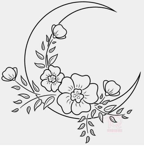 Leaves And Moon Tattoo, Moon Drawing With Flowers, Embroidery Moon And Flowers, Embroidery Designs Black And White, Sea Themed Tattoos Minimal, Black And White Moon Drawing, Art Sketches Aesthetic Flowers, Embroidery Flowers Drawing, Moon And Plants Drawing