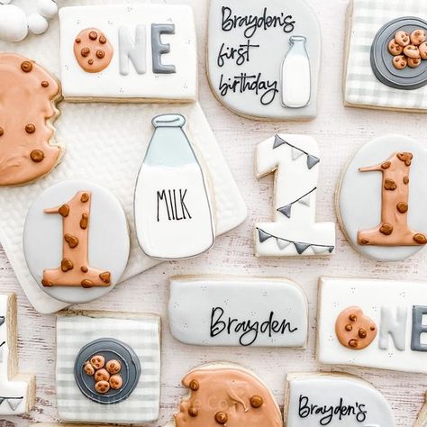 One Sweet Dude Birthday, Milk Cookies First Birthday, Milk And Cookies Cookies Decorated, One Cute Cookie Birthday Party, One Sweet Cookie Birthday, One Year Old Birthday Cookies, One Smart Cookie Birthday Party, One Sweet Year Birthday Party Boy, Cookie Themed First Birthday