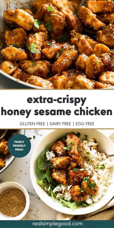 This extra crispy honey sesame chicken coated with a sweet, sticky sauce is a guaranteed hit with the family. Better than your favorite takeout (ahem Panda Express) you might want to double the recipe so you have some left over for lunch! A healthy gluten free and sugar free chicken dinner recipe that's also Paleo. | Real Simple Good via @realsimplegood Chicken Recipes Dairy Free, Allergy Diet, Gluten Free Chinese, Sticky Sauce, Chicken Dinner Recipe, Gluten Free Chicken Recipes, Asian Chicken Recipes, Honey Sesame Chicken, Soy Chicken