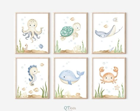 Ocean Animal Nursery, Sea Nursery Theme, Sea Animal Nursery, Ocean Nursery Art, Nautical Nursery Art, Nursery Ideas Boy, Under The Sea Nursery, Bilik Permainan, Ocean Themed Nursery