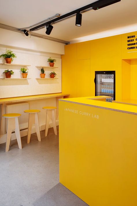 Food Hub Design, Yellow Restaurant Interior, Unli Wings, Yellow Coffee Shop, Small Restaurant Interior, Yellow Restaurant, Interior Design Yellow, Food Stall Design, Kitchen Staging