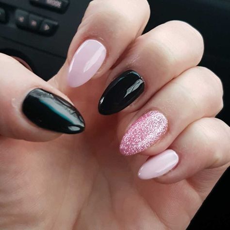 Black And Pale Pink Nails, Pastel Pink And Black Nails, Black Pink And Silver Nails, Pink And Black Nails Almond, Black And Baby Pink Nails, Obnoxious Nails, Black And Pink Almond Nails, Black And Light Pink Nails, Baby Pink And Black Nails