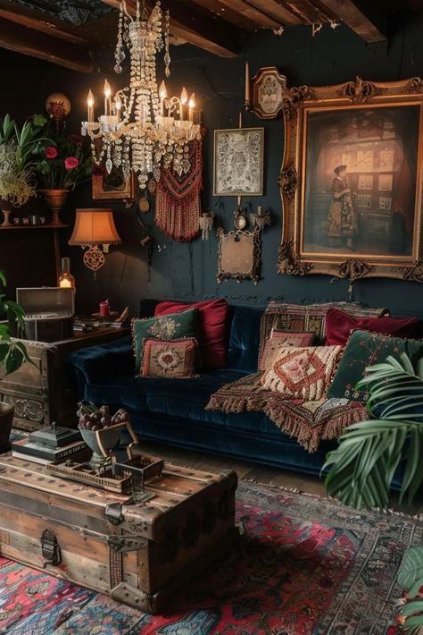 29 Exciting Dark Boho Living Room Ideas You Must See 20 Dark Boho Living Room, Boho Living Room Ideas, Dark Boho, Moody Decor, Deco Studio, Dark Home Decor, Unusual Homes, Casa Vintage, Dark Home