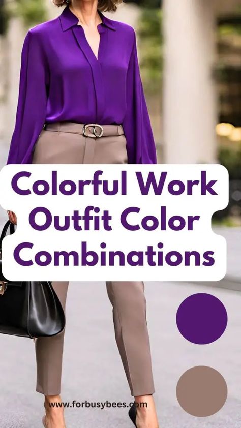 colorful work outfit color combination Unique Outfit Color Combinations, Purple Silk Blouse Outfit, Purple Work Outfit Business Casual, Office Wear Colour Combination, Gray Color Palette Outfit, Hot Pink Top Outfit Work, Emerald Green Pants Outfit Work, Purple Colour Combinations Outfit, Nurse Practitioner Outfits Work Attire Business Casual