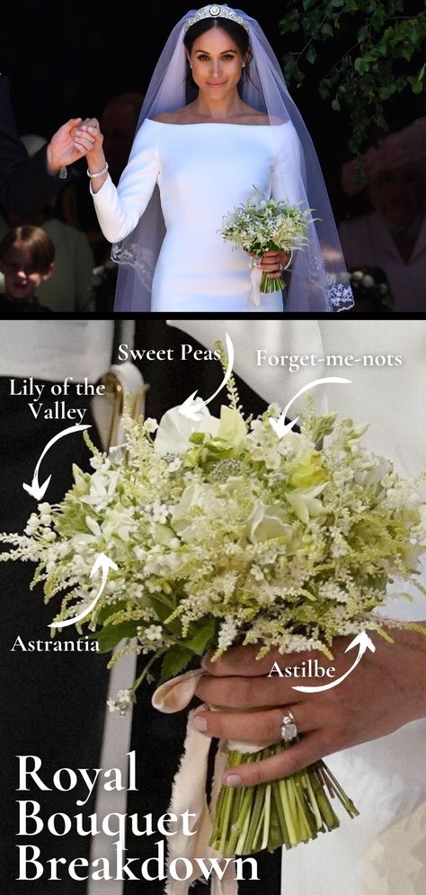 A picture of the royal wedding with Meghan Markle and her wedding bouquet with a diy wedding bouquet breakdown with the words astrantia, sweet peas, lily of the valley, astilbe, and forget-me-nots. Sweet Pea Bridesmaid Bouquet, Sweet Pea Wedding Bouquet, Lily Of The Valley Wedding Flowers, Royal Wedding Bouquet, Sweet Pea Wedding Flowers, Lily Of The Valley Bridal Bouquet, Astilbe Wedding, Lily Of The Valley Wedding Bouquet, Nosegay Bouquet