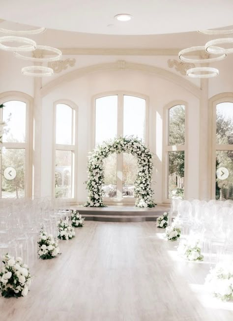 Inside Ceremony Decor Wedding Ideas, All White Ceremony Decor, Wedding Isles Ideas Indoor, Classic Church Wedding, Ceremony Aisle Decor Indoor, Wedding Aisle Indoor, Church Wedding Aesthetic, Inside Wedding Ceremony, Classy Wedding Ceremony