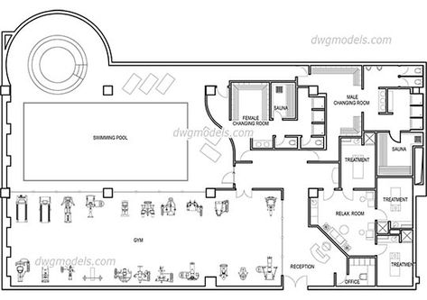 Gym Design Architecture, Gym Floor Plan, Swimming Pool Dimensions, Pool Dimensions, Social Housing Architecture, Fitness Center Design, Church Design Architecture, Gym Plans, Cad Blocks Free