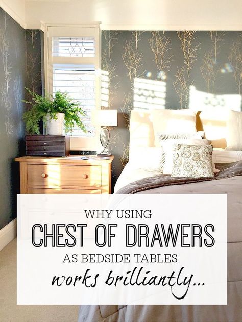 Why using chests of drawers as bedside tables works really well. Master bedroom inspiration and ideas to make best use of the space. Master bedroom interior design and style. #bedroomstyle #bedroomlayout #bedroomfurniture #chestofdrawers Chest Of Drawers Bedroom Ideas, Bedroom With Chest Of Drawers, Bedroom Storage Design, Bedside Tables Ideas, Chest Of Drawers Bedroom, White Chest Of Drawers, Bedside Drawers, Bedside Table Design, Bedroom Chest Of Drawers