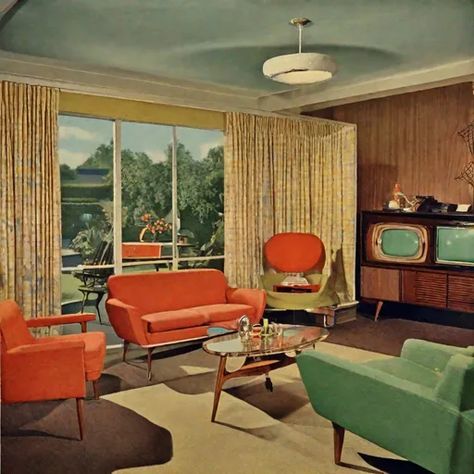 Mid Century Interior Design 1950s, 50s Interior Design 1950s, Mid Century Living Room 1950s, Mid Century Living Room Furniture, Living Room 60s, 50s Living Room, 60s Living Room, Modern Green Living Room, There Will Come Soft Rains