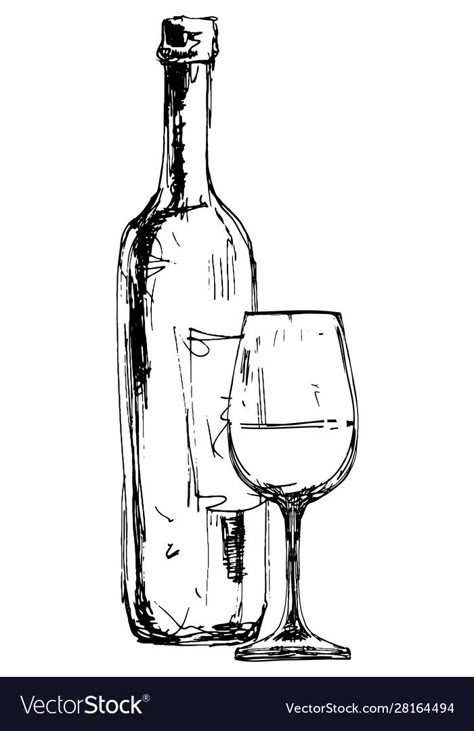 Bottle Drawing Easy, Wine Bottle Drawing, Wine Glass Drawing, Bottle Drawing, Sketchbook Drawings, White Drawing, Pen Sketch, Wine Art, Mini Drawings