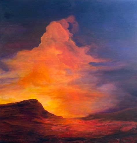 Desert Scenery Art, Desert Sunset Painting Easy, Desert Sky Painting, Sunset Desert Painting, Desert Painting Acrylic Easy, Cloudy Sunset Painting, Backyard Murals, Desert Sunset Painting, Scenery To Paint