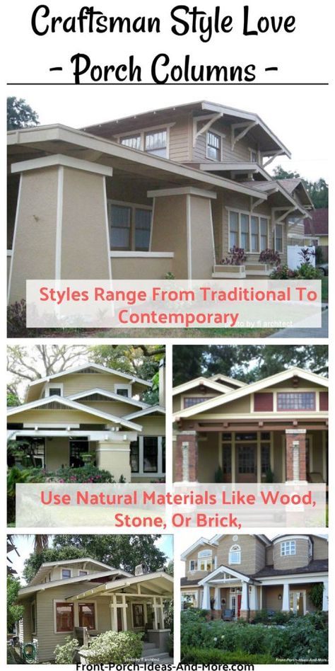 Craftsman porch columns are traditionally made from natural materials - see options and designs. #craftsmanporchcolumns #craftsmanstylehome plans  #bungalowporches #bungalowstylehomes Front Porch Bungalow, Deck Front Porch Ideas, Building A Front Porch, Craftsman Porch Columns, Railing Front Porch, Columns Front Porch, Porch Bungalow, Front Porch Country, Wooden Front Porch