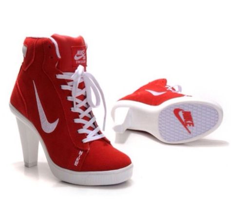 High Heel Tennis Shoes, Jordan High Heels, Jordan Heels, Nike High Heels, Nike Heels, Hak Tinggi, Heel Sneakers, Womens Red Shoes, Basket Style