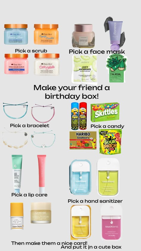 Make your friend a bday box! Or make one for yourself!!! Anniversaire Diy, Birthday Presents For Friends, Diy Best Friend Gifts, Preppy Gifts, Birthday Freebies, Birthday Basket, Birthday Gifts For Friends, Cute Birthday Ideas, Cute Gifts For Friends