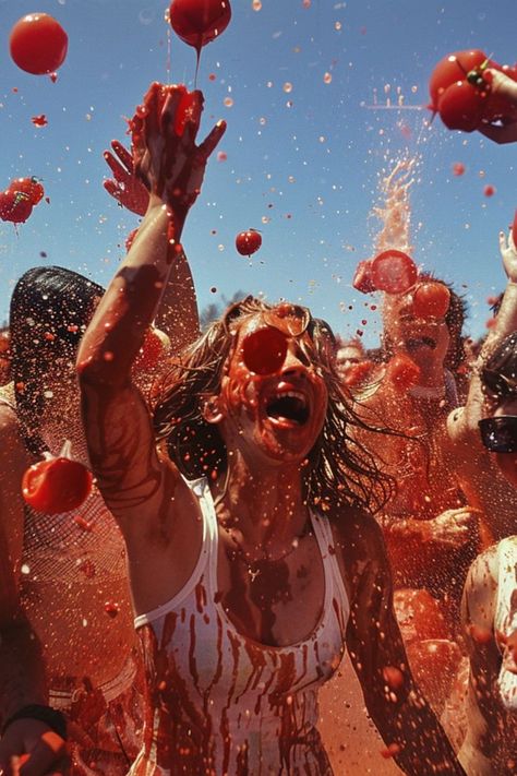 Join the Fun at La Tomatina in Spain 🍅✨ Dive into the world's biggest food fight at La Tomatina in Buñol. Participate in the tomato-throwing madness and enjoy the festival's lively atmosphere. 🌿🇪🇸 #LaTomatina #SpainTravel #CulturalExperience #FestivalTravel La Tomatina Festival, Spanish Festivals, La Tomatina, Festival Aesthetic, Colorful Food, Spain Culture, Celebration Around The World, Rio Carnival, Spanish Culture