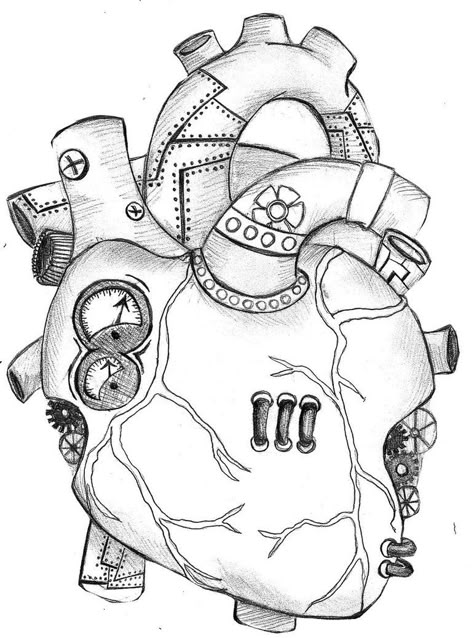 a steam punk heart outline. i dunno, i thought it was cute at least :] Steampunk Heart Drawing, Mechanical Heart Art, Mechanical Drawings Sketches, Steam Punk Design, Mechanical Heart Drawing, Mechanical Art Drawing, Steam Punk Drawing, Mechanical Heart Tattoo, Printable Tattoo Stencils