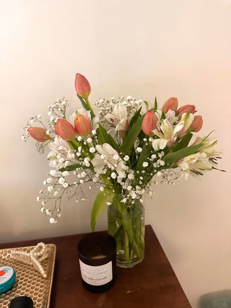 Flowers in a vase #tulips #lillies #babiesbreath #flowers #bouquet #flowerarrangement #aesthetic #pinkflowers #pinkandwhite #pinkandwhiteflowers Vase Tulips, Romanticizing Summer, Buy Me Flowers, Tulips Arrangement, Creative Aesthetic, Lily Bouquet, Boquette Flowers, Tulips In Vase, Flowers In A Vase