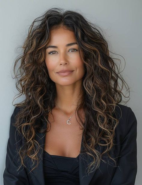 Curly Perm Long Hair, Long Wild Curly Hair, Long Hair 45 Year Old Women, Hairstyle For Women Over 40 Long, Long Curly Hair Middle Part, 2024 Curly Hair Trends, Chocolate Brown Curly Hair, Trending Hair Color, Enhance Natural Beauty