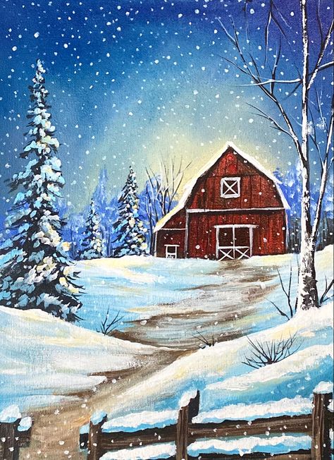 Snow Painting Acrylic Winter Scenes, Winter House Painting, Christmas Scenery Paintings, Painting Ideas Winter, Winter Barn Painting, Winter Cabin Painting, Christmas Landscape Painting, Winter Scenes To Paint, Winter Art Painting