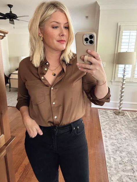 Satin Button Down Shirt Outfit, Winter Outfit 2022, Satin Shirt Outfit, Autumn Shirt Outfit, The Small Things Blog, Satin Button Down Shirt, Small Things Blog, Outfit 2022, The Small Things