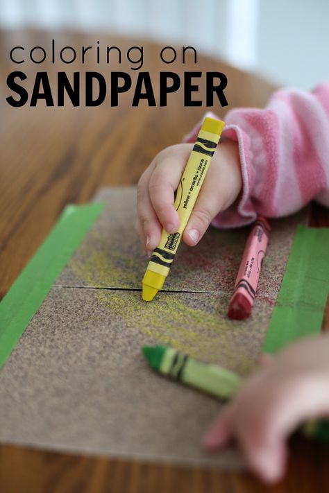 Coloring on Sandpaper Activity for Toddlers:  A unique sensory experience and a great way to encourage your child to hold their writing utensil correctly! Activity For Toddlers, Sensory Art, Toddler Classroom, Toddler Sensory, Sand Paper, Daycare Activities, Toddler Play, Toddler Art, Toddler Fun