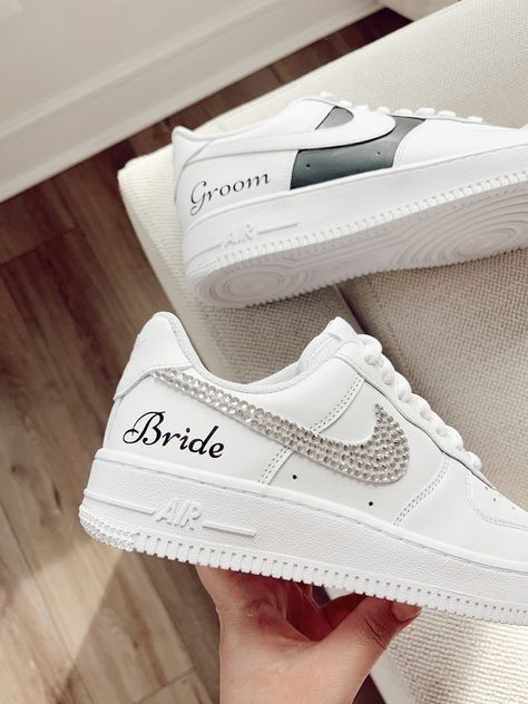 Wedding air force 1 low Husband And Wife Wedding Shoes, Matching Wedding Air Forces, Matching Shoes For Couples Wedding, Mr And Mrs Wedding Sneakers, Wedding After Party Shoes For Bride, Wedding Air Force Ones Matching, Wedding Sneakers For Bride Diy, Wedding Airforce Ones, Wedding Matching Sneakers