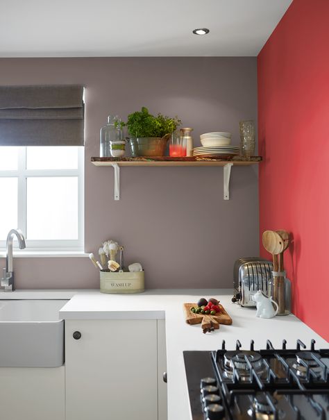 If your kitchen units are modern and white, choosing hotter shades – we love reds and purples – for the walls will visually warm up the space. #kitchen #redkitchen #redinteriors #redpaint #realhomes Grey Kitchen Inspiration, Kitchen Paint Ideas, Red Kitchen Walls, Popular Kitchen Colors, Paint For Kitchen Walls, All White Room, Kitchen Wall Colors, Kitchen Paint Colors, Room Deco