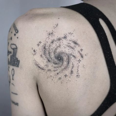 Galaxy Elbow Tattoo, Galaxy Wrap Around Tattoo, Periodic Element Tattoo, Black Star Tattoo Cover Up, Spiritual Space Tattoo, Deep Space Tattoo, Detailed Star Tattoo, Mandelbrot Fractal Tattoo, Black Splatter Tattoo