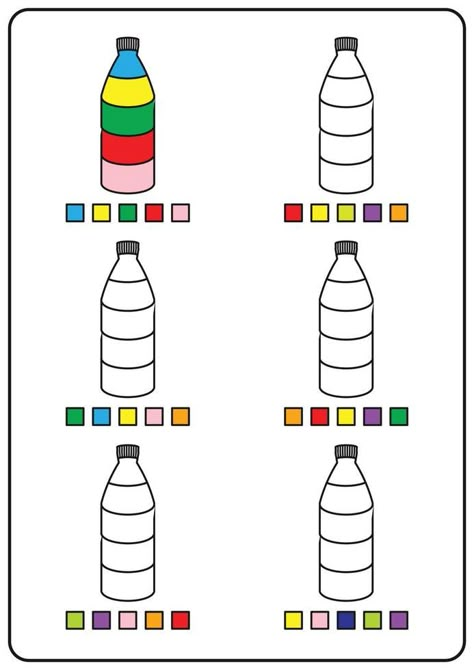 Instructional coloring pages, educational games for kids, preschool activities, printable worksheets. Simple cartoon vector illustration of colorful objects to learn colors. Coloring bottles. Color Games For Preschoolers, Learning Colors Activities, Educational Games For Children, Coloring Games For Kids, Colorful Objects, Preschool Activities Printable, Visual Perception Activities, Coloring Worksheet, Preschool Activities Toddler