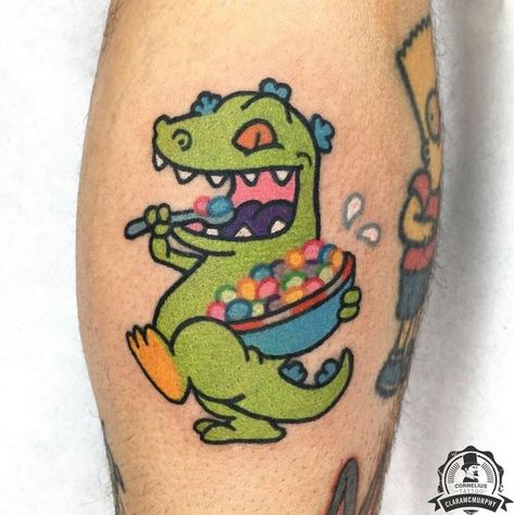 90s Inspired Tattoos, Reptar Tattoo, 90s Cartoon Tattoos Ideas, Candy Tattoo Ideas, Cartoon Network Tattoo Ideas, Cute Cartoon Tattoos, 90s Tattoo Ideas, Cartoon Tattoo Designs, Cartoon Tattoo Ideas