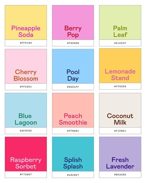 Some of my current favorite summertime colors 🎨☀️ Which color is your favorite? #colorpalette #colorpalettes #graphicdesign #graphicdesigner #colorinspiration #colourpalette 12 Colors Palette, Color Combos With Hex Code, Kiddie Color Palette, 9 Colors Palette, 12 Colour Palette, Calendar Colour Palette, Color Palette 9 Colors, Dessert Colour Palette, Seven Color Palette