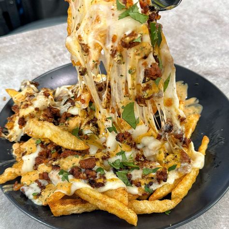 Papas con Chorizo Loaded French Fries - Recipe Champions Can Peach Pie Filling, Loaded French Fries Recipe, Loaded French Fries, Loaded Fries Recipe, Mexican Fries, Chipotle In Adobo, Josh Elkin, Beef Chorizo, Golden Potatoes