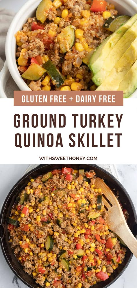 This ground turkey quinoa skillet with zucchini is the perfect one-pan meal that will become a family favorite. It’s loaded with lean protein from ground turkey and quinoa, along with a variety of nutritious veggies. Ground Turkey Zucchini Quinoa, Ground Turkey And Quinoa, Taco Quinoa, Thrifty Meals, Quinoa Skillet, Quinoa Recipes Dinner, Turkey Quinoa, Low Fodmap Recipes Dinner, Quinoa Recipes Easy