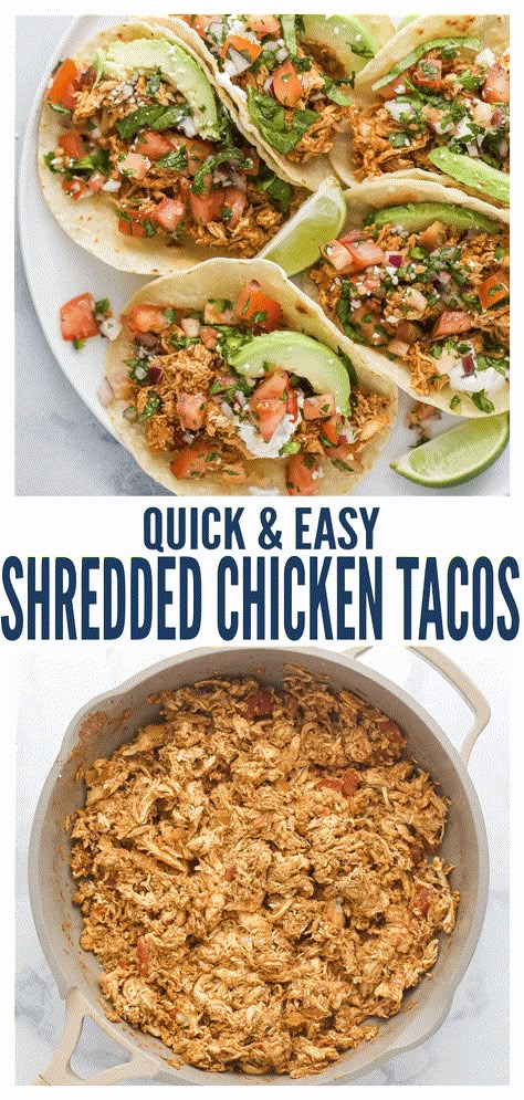 These smokey rotisserie chicken tacos are done in 30 minutes and topped with creamy avocado and fresh pico de gallo! Guaranteed to be your new taco night favorite. Shredded beef, pork, or turkey are great ways to spice things up too. #chickentacos #tacorecipe #chickenrecipes #easychickendinner #easydinnerideas #taconight Rotisserie Chicken Tacos, Chicken Tacos Recipe, Easy Shredded Chicken, Mexican Shredded Chicken, Shredded Chicken Tacos, Chicken Taco Recipes, Chunky Salsa, Shredded Chicken Recipes, Healthy Tacos