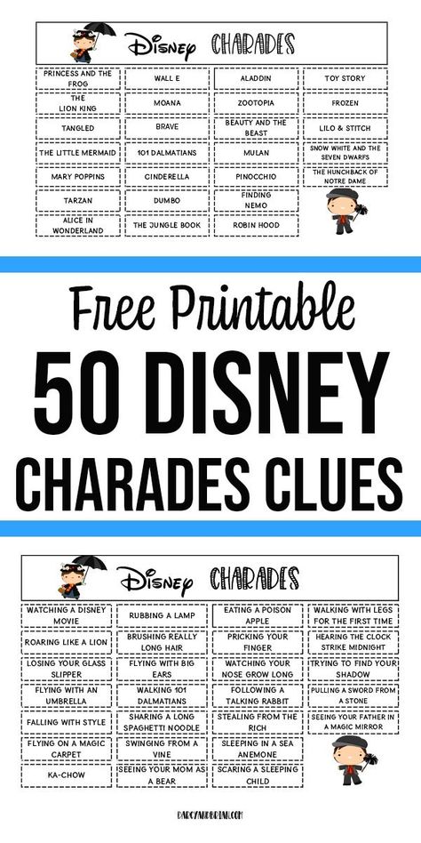 So fun! This Disney themed charades for kids printable game is a fun and easy family activity. Kids will have a blast acting out clues from the word list using Disney movie titles and actions. Click to get the 50 clues to print out at home. Makes a fun kids activity especially at a Disney birthday party! Charades is a great party game for kids. Charades For Kids, Disney Activities, Charades Game, Disney Birthday Party, Tema Disney, Family Fun Night, Disney Games, Disney Day, Film Disney