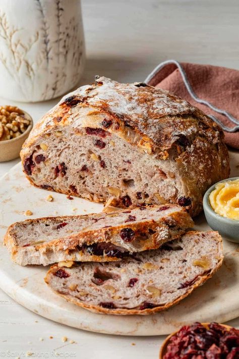 Yeasted bread has never been easier. This simple method produces the most beautiful and crusty cranberry nut no-knead bread with very little hands-on work! Recipe on sallysbakingaddiction.com Cranberry Nut Bread, Cranberry Walnut Bread, Harvest Bread, Best Bread Recipes, Blue Jean Chef, Sourdough Recipe, Savory Breads, Sourdough Starter Discard Recipe, Discard Recipe