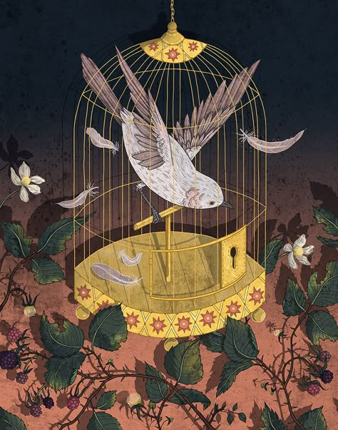 Caged by Jori van de Linde A Bird In A Covered Cage, Bird Cage Art Illustration, Fish Inside A Birdcage Art, Bird In Cage Art, Bird In A Cage Aesthetic, I Know Why The Caged Bird Sings, Bird In Cage Drawing, Caged Bird Aesthetic, Bird In A Cage Drawing