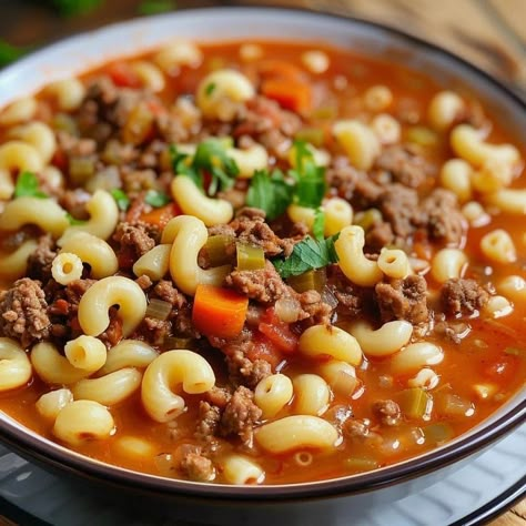 Beef Macaroni Soup Recipe Tomato Beef Macaroni Soup, Ground Beef And Elbow Noodles, Beef And Macaroni Recipes, Beef And Tomato Macaroni Soup, Beef Macaroni Soup, Hamburger Macaroni Soup, Tomato Macaroni Soup, Macaroni Beef, Hamburger Macaroni