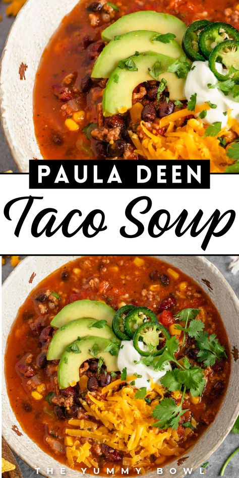 Slow cooker taco soup tastes just like the Paula Deen origonal! This homemade taco soup is full of amazing flavors that come together to form a delicous lunch or dinner that's perfect for winter. This warm taco soup is loaded with corn, beans, cheese, and more of your favorite taco ingredients. Try this easy recipe for dinner today! Best Crockpot Taco Soup, Taco Soup Paula Deen Recipe, Taco Soup Paula Deen, Paula Deen Taco Soup Recipe, Southwestern Soup Recipe, Paula Deen Seasoning Recipe, Paula Deen Taco Soup, Taco Soup Slow Cooker, Taco Soup Recipe Crockpot